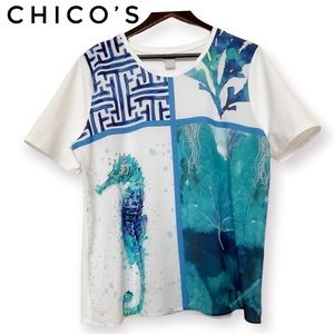 NWOT Chico’s seahorse, underwater print knit shirt, short sleeve Size 2, Large
